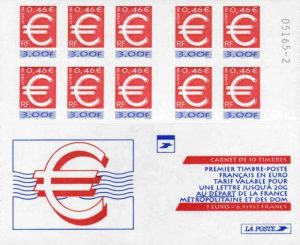 Carnet de timbres : le premier timbre français en euro.